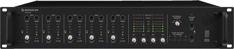 MONACOR - Mono-Mischverstärker 100V/4Ohm 4x120W 5Kanäle/4Zonen sw