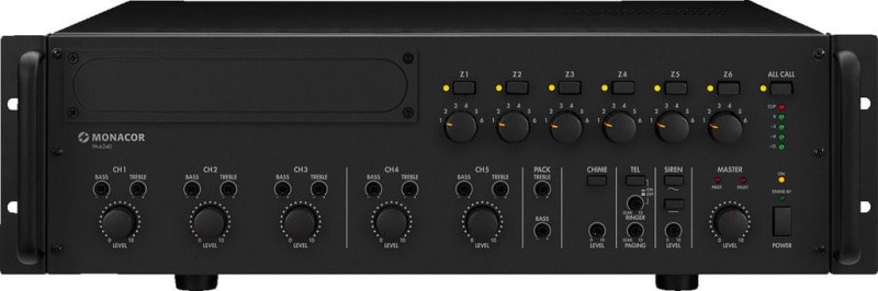 MONACOR - ELA-Mono-Mischverstärker 19'' 100V/4Ohm 240W 5Kanä/6Zonen sw