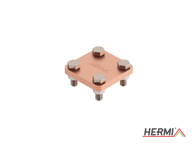HERMI - Klemme, m. 3 Platten 58x58 inkl. 4 Schrauben u. Muttern Flachleitung bis 30mm Cu