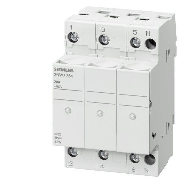 SIEMENS - SENTRON, Zylindersicherungshalter, 8x32 mm, 3P+N, In: 20 A, Un AC: 400 V, LED