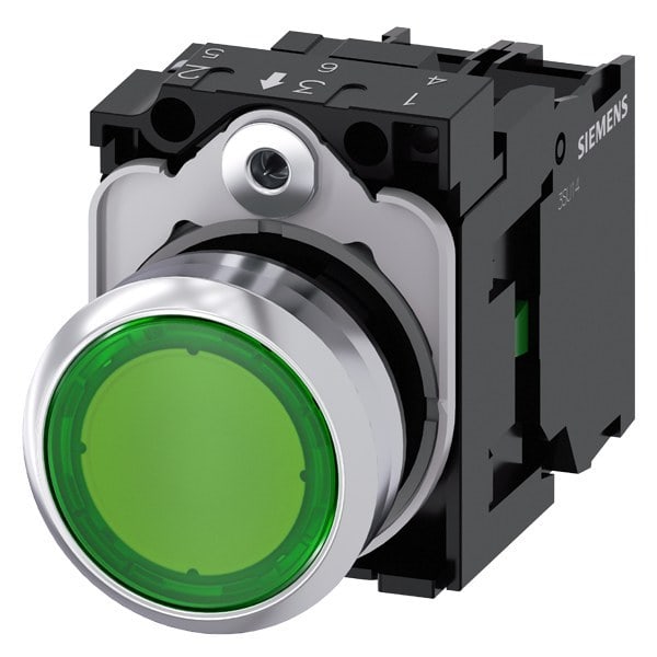 SIEMENS - Drucktaster, beleuchtet, 22mm, rund, Metall, hochglanz, grün, Druckknopf, 1S