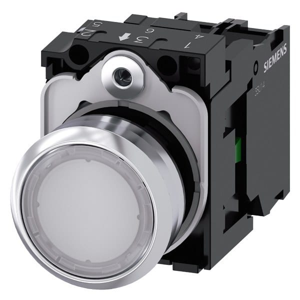 SIEMENS - Drucktaster, beleuchtet, 22mm, rund, Metall, hochglanz, weiß, Druckknopf, 1S