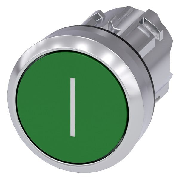SIEMENS - Drucktaster, 22mm, rund, Metall, hochglanz, grün, Beschriftung: I, Druckknopf