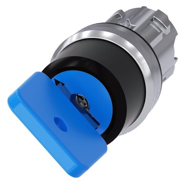 SIEMENS - Schlüsselschalter O.M.R, 22mm, rund, Metall, hochglanz, blau, Schlüsselabzug O+I