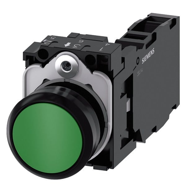 SIEMENS - Drucktaster, 22mm, rund, Kunststoff, grün, Druckknopf, 1S+1Ö