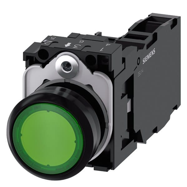 SIEMENS - Drucktaster, beleuchtet, 22mm, rund, Kunststoff, grün, 1S+1Ö, AC/DC 24V