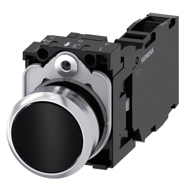 SIEMENS - Drucktaster, 22mm, rund, Metall, hochglanz, schwarz, Druckknopf, 1S+1Ö
