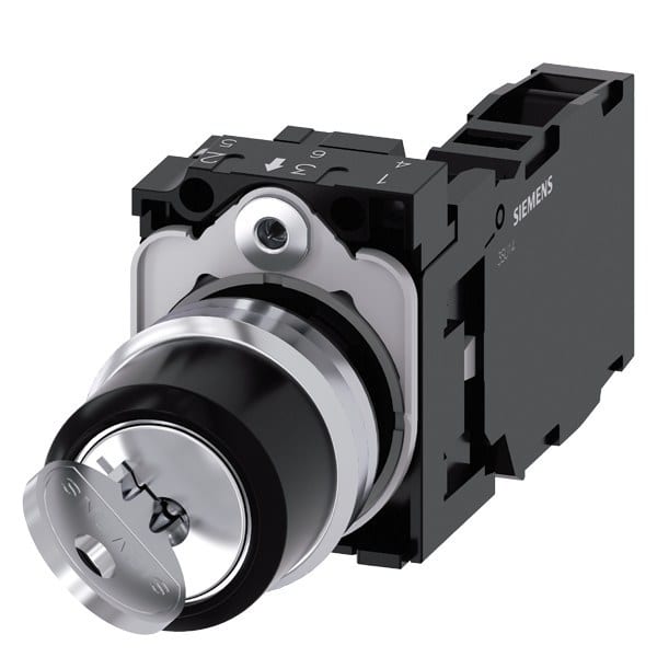 SIEMENS - Schlüsselschalter RONIS, 22mm, rund, Metall, hochglanz, Schlüsselabzug O+I