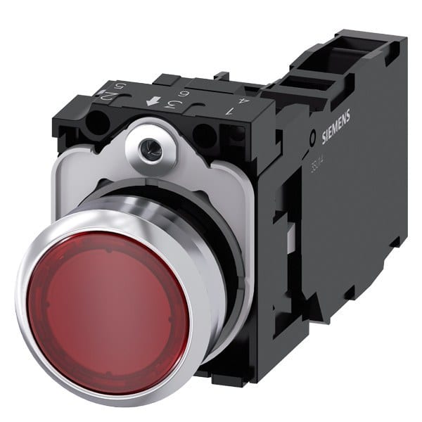 SIEMENS - Drucktaster, beleuchtet, 22mm, rund, Metall, hochglanz, rot, Druckknopf, 1S+1Ö