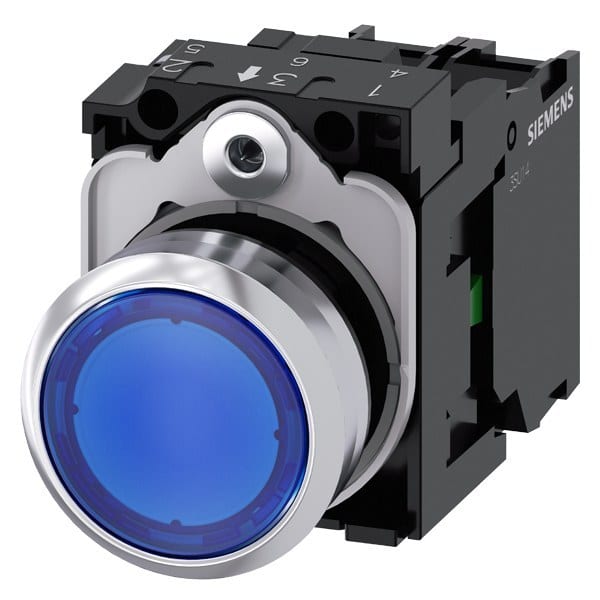 SIEMENS - Drucktaster, beleuchtet, 22mm, rund, Metall, hochglanz, blau, Druckknopf, 1S