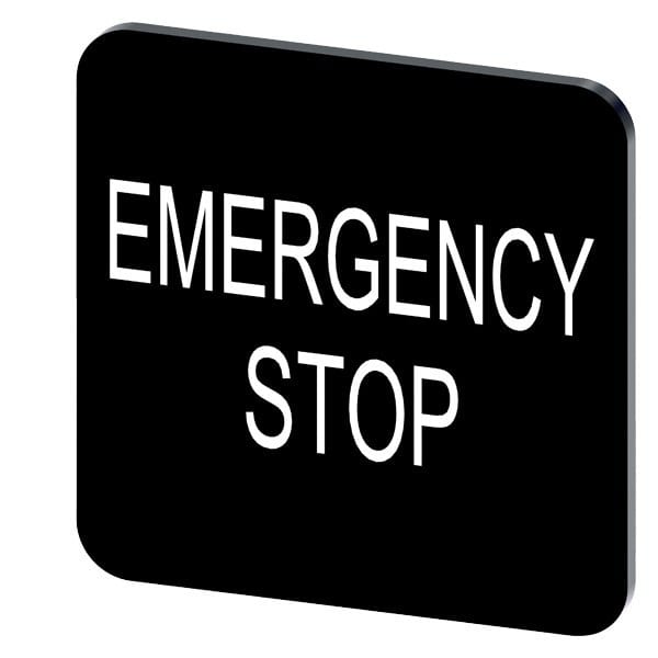 SIEMENS - Bezeichnungsschild 22x22mm, Schild schwarz, Beschriftung: Emergency Stop