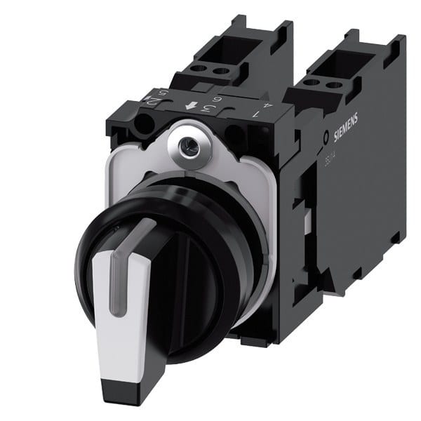 SIEMENS - Knebelschalter, beleuchtbar, 22mm, rund, Kunststoff, schwarz, weiß, 2x1S+1Ö