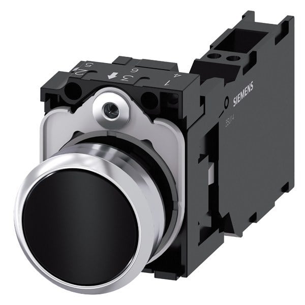 SIEMENS - Drucktaster, 22mm, rund, Metall, hochglanz, schwarz, Druckknopf, 1S+1Ö