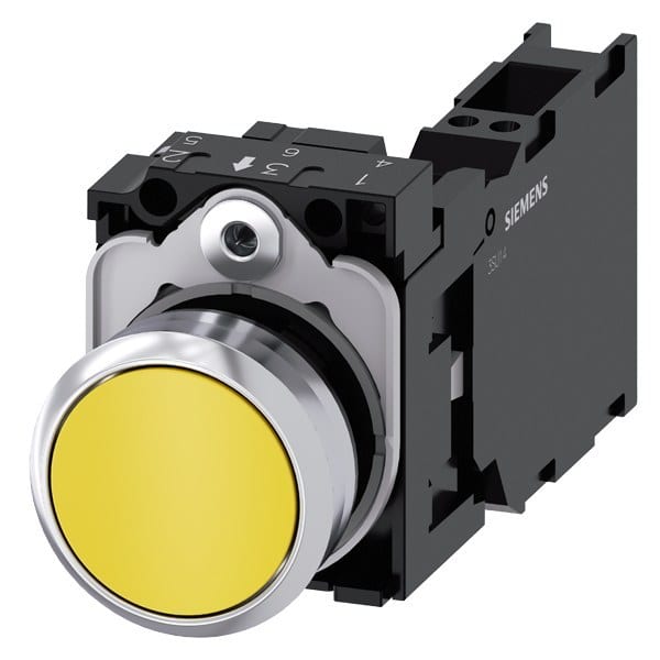 SIEMENS - Drucktaster, 22mm, rund, Metall, hochglanz, gelb, Druckknopf, 1S+1Ö
