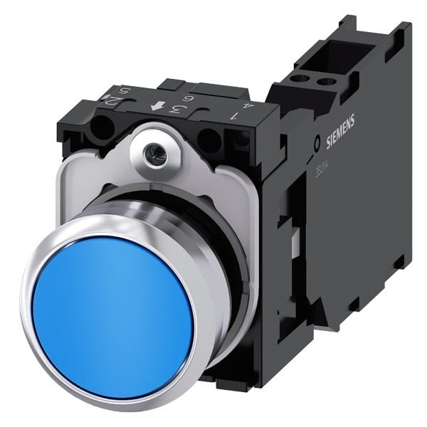 SIEMENS - Drucktaster, 22mm, rund, Metall, hochglanz, blau, Druckknopf, 1S+1Ö
