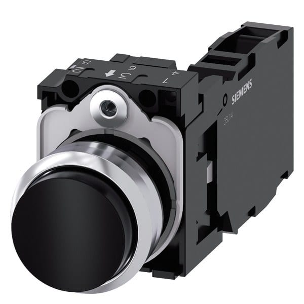 SIEMENS - Drucktaster, 22mm, rund, Metall, hochglanz, schwarz, Druckknopf, 1S+1Ö