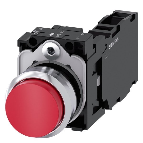 SIEMENS - Drucktaster, 22mm, rund, Metall, hochglanz, rot, Druckknopf, 1S+1Ö