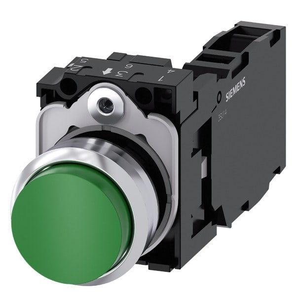 SIEMENS - Drucktaster, 22mm, rund, Metall, hochglanz, grün, Druckknopf, 1S+1Ö