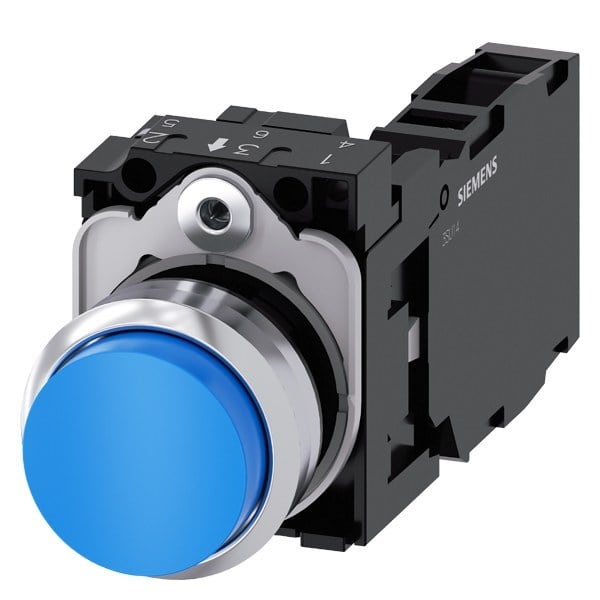 SIEMENS - Drucktaster, 22mm, rund, Metall, hochglanz, blau, Druckknopf, 1S+1Ö