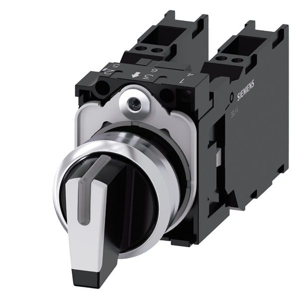 SIEMENS - Knebelschalter, beleuchtbar, 22mm, rund, Metall, hochglanz, weiß, 2x1S+1Ö
