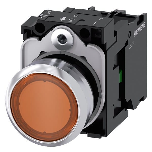 SIEMENS - Drucktaster, beleuchtet, 22mm, rund, Metall, hochglanz, amber, Druckknopf, 1S