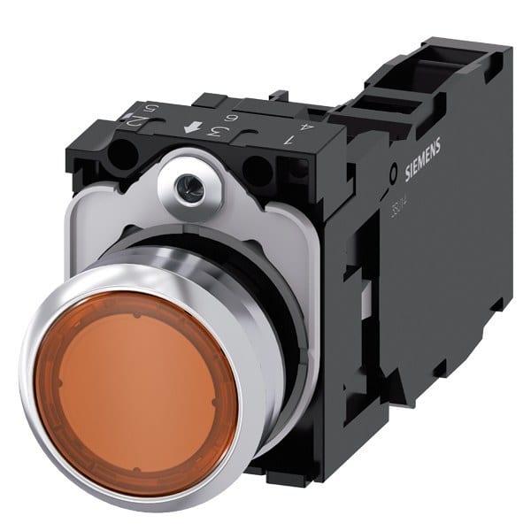 SIEMENS - Drucktaster, beleuchtet, 22mm, rund, Metall, hochglanz, amber, Druckknopf, 1S+1Ö