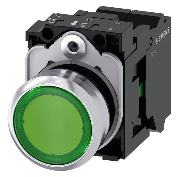 SIEMENS - Drucktaster, beleuchtet, 22mm, rund, Metall, hochglanz, grün, 1S