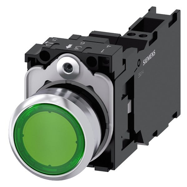 SIEMENS - Drucktaster, beleuchtet, 22mm, rund, Metall, hochglanz, grün, Druckknopf, 1S+1Ö