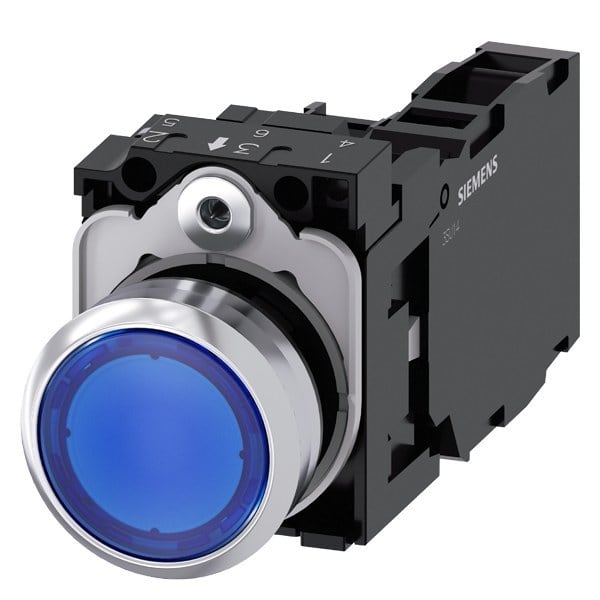 SIEMENS - Drucktaster, beleuchtet, 22mm, rund, Metall, hochglanz, blau, Druckknopf, 1S+1Ö