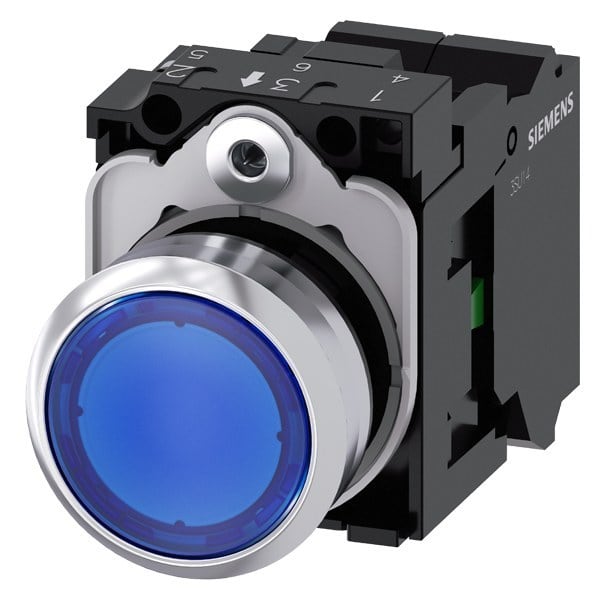 SIEMENS - Drucktaster, beleuchtet, 22mm, rund, Metall, hochglanz, blau, Druckknopf, 1S