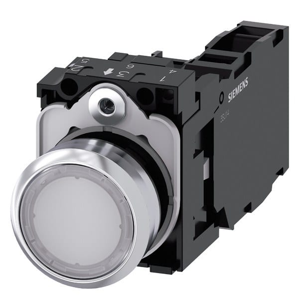SIEMENS - Drucktaster, beleuchtet, 22mm, rund, Metall, hochglanz, weiß, Druckknopf, 1S+1Ö