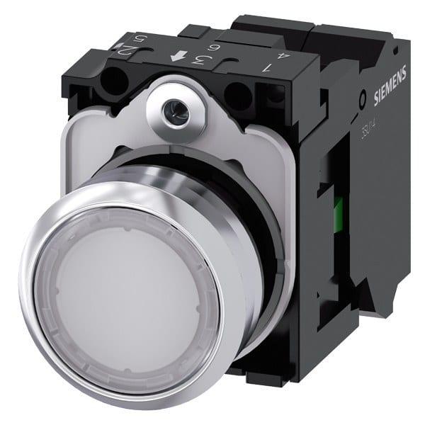 SIEMENS - Drucktaster, beleuchtet, 22mm, rund, Metall, hochglanz, weiß, Druckknopf, 1S