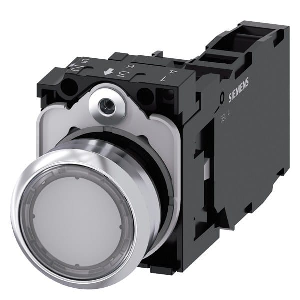 SIEMENS - Drucktaster, beleuchtet, 22mm, rund, Metall, hochglanz, klar, Druckknopf, 1S+1Ö