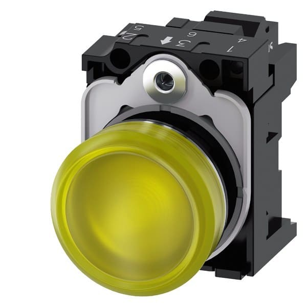 SIEMENS - Leuchtmelder, 22mm, rund, Metall, hochglanz, gelb, Linse, glatt, AC/DC 24V