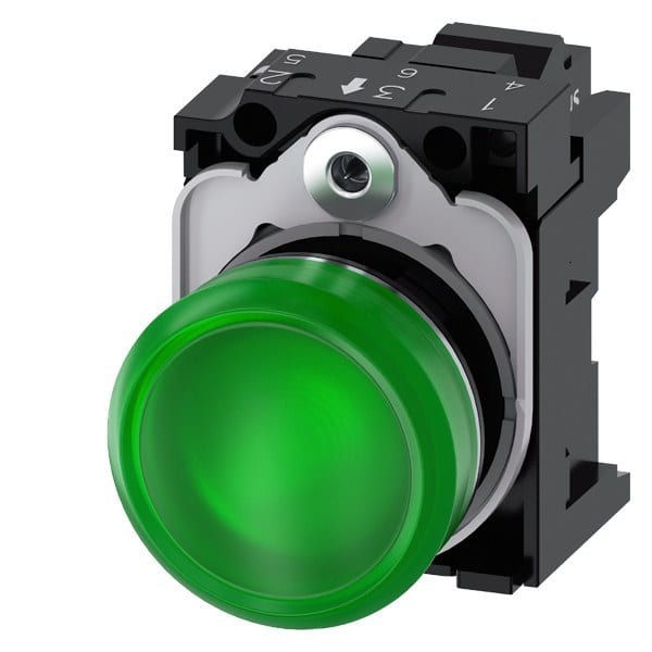 SIEMENS - Leuchtmelder, 22mm, rund, Metall, hochglanz, grün, Linse, glatt, AC 110V