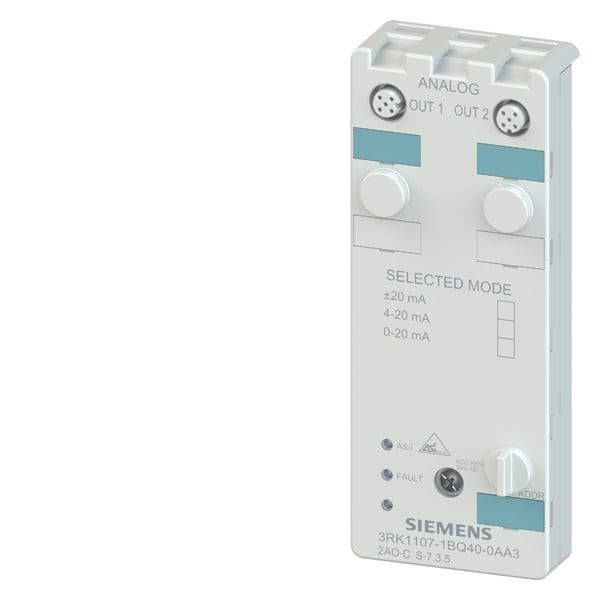 SIEMENS - AS-I Kompaktmodul, IP67 analog, 2AA, Zahlenformat S7, 2x1 Ausg. (M12), 4-20mA