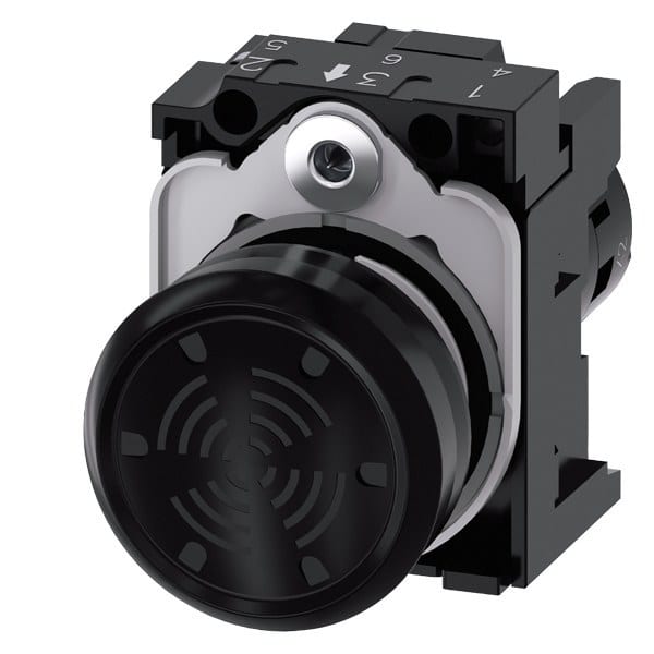 SIEMENS - Akustischer Melder, 22mm, rund, Kunststoff, schwarz, Dauerton 4,5 kHz, AC 230V