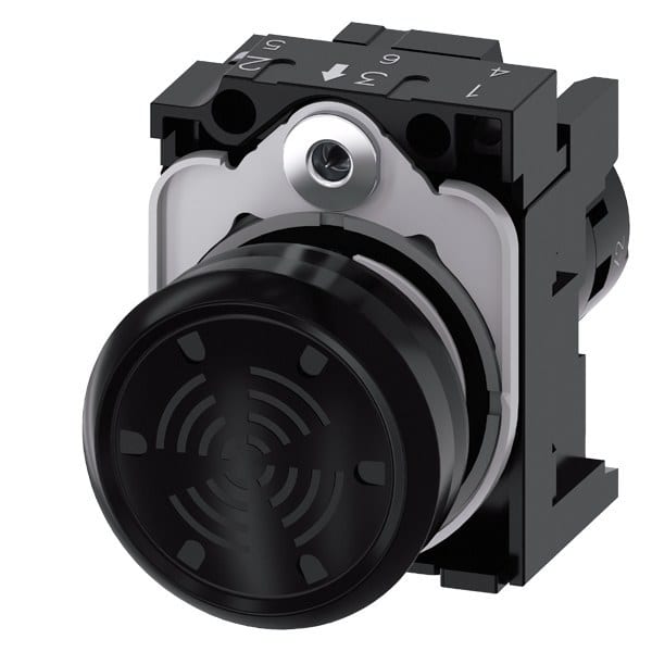 SIEMENS - Akustischer Melder, 22mm, rund, Kunststoff, schwarz, Dauerton 4,5 kHz, AC/DC 24V