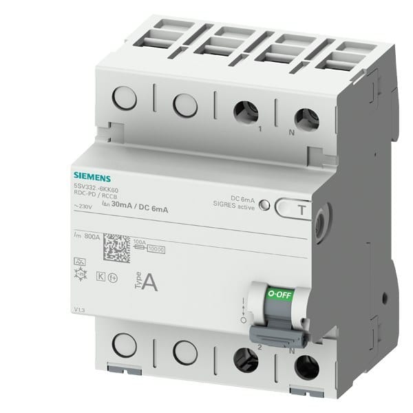 SIEMENS - FI-Schutzschalter, 2-polig, Typ A, In: 40 A, 30 mA, 6mA DC, Un AC: 230 V