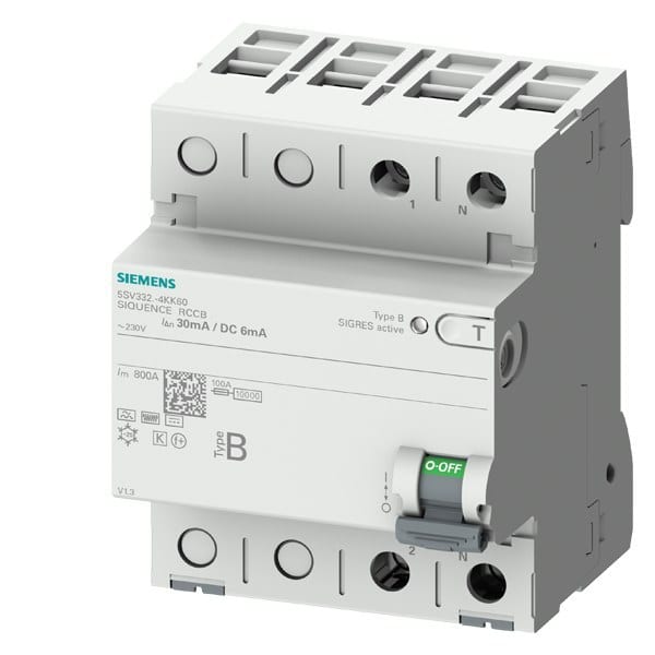 SIEMENS - FI-Schutzschalter, 2-polig, Typ B, In: 80 A, 30 mA, 6mA DC, Un AC: 230 V