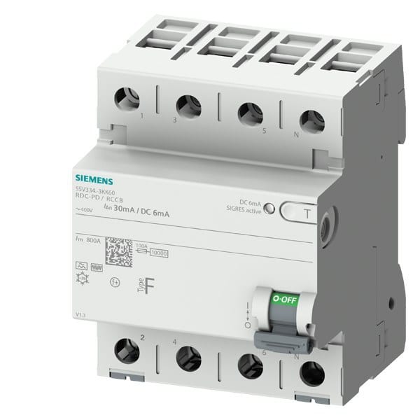 SIEMENS - FI-Schutzschalter, 4-polig, Typ F, In: 63 A, 30 mA, 6mA DC, Un AC: 400 V