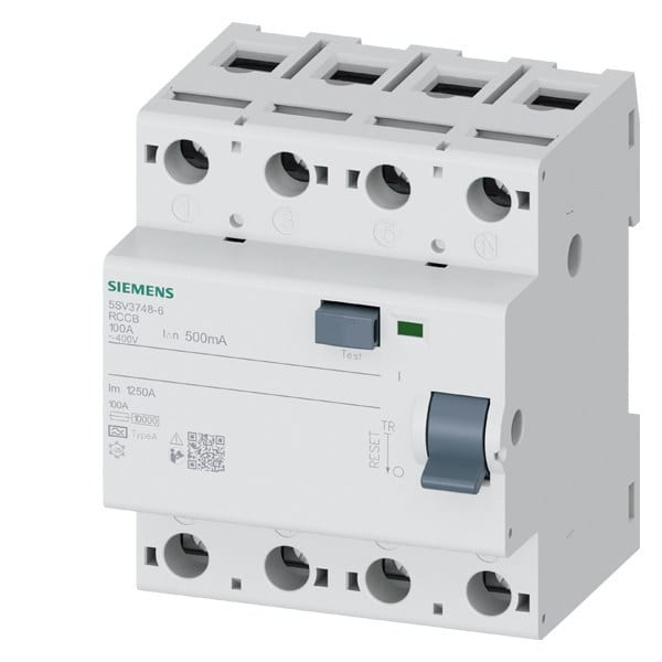 SIEMENS - FI-Schutzschalter, 4-polig, Typ A, In: 100 A, 500 mA, Un AC: 400 V