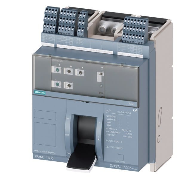 SIEMENS - Festeinbau-Kompakt- leistungsschalter, Kipphebel Frame 1600, 4AUX und Ausgelöstmeldesch.S24, Icu H Icu=85kA 415V, 3-polig ETU350, LSI, In=12