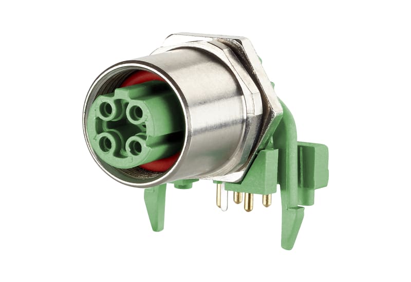 METZ CONNECT - Leiterplattenbuchse M12, D-kodiert, 4-polig, IP67, 90° gewinkelt, max. 2,5 mm Wandstärke