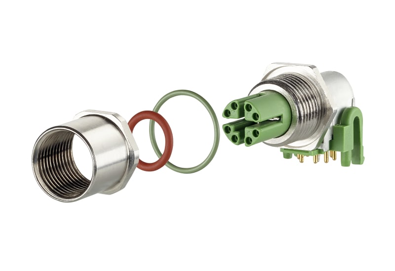 METZ CONNECT - Leiterplattenbuchse M12, X-kodiert, 8-polig, IP67, 90° gewinkelt, max. 2,5 mm Wandstärke, in Einzelteilen