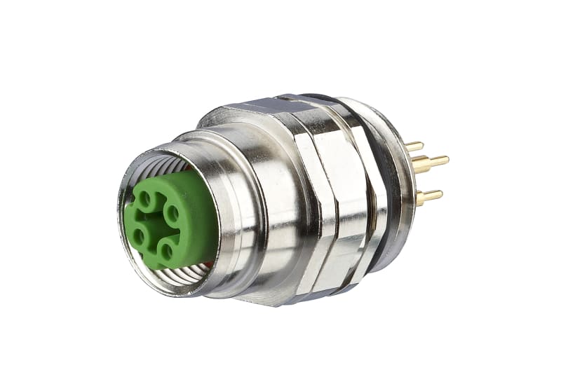 METZ CONNECT - Leiterplattenbuchse M12, D-kodiert, 4-polig, IP67, Fronteinbau
