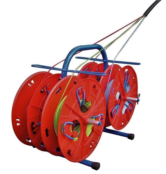 CABLE EQUIPEMENTS - QUAD: tragbarer Abwickler für Kabelringe, gelief. mit 4 Spulen + Gummispannern