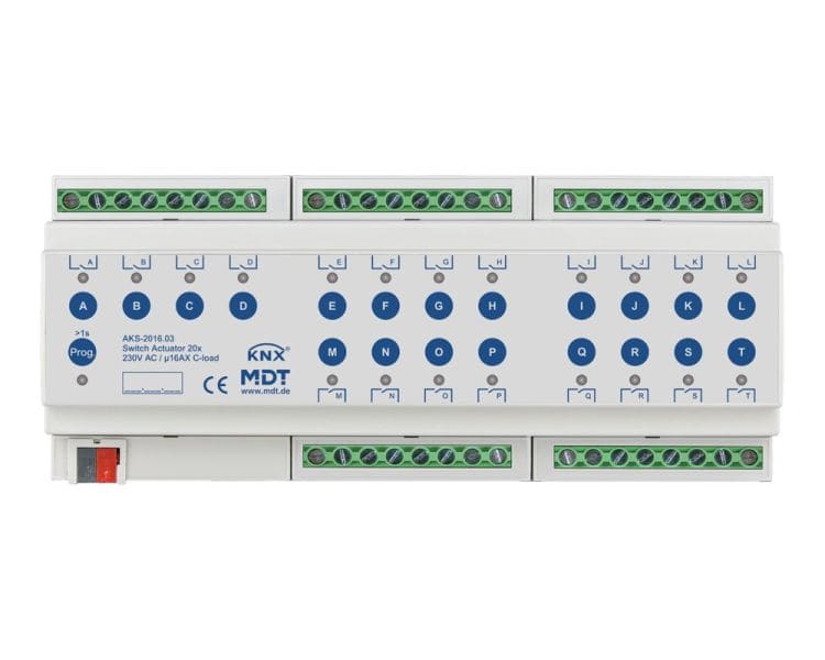 MDT - KNX Schaltaktor 20-fach, 12TE REG, 16 A, 230 V AC, C-Last, Standard, 140 µF