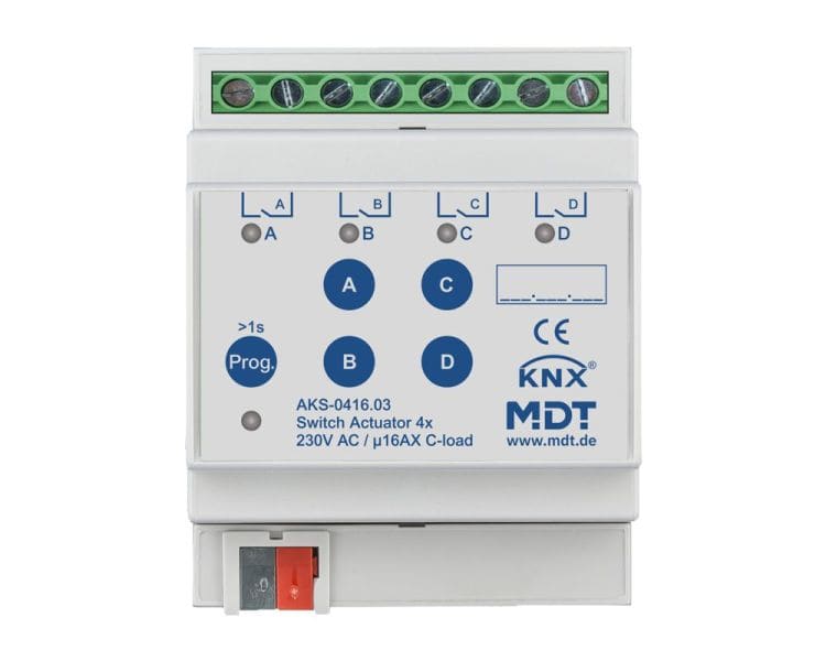 MDT - KNX Schaltaktor 4-fach, 4TE REG, 16 A, 230 V AC, C-Last, Standard, 140 µF