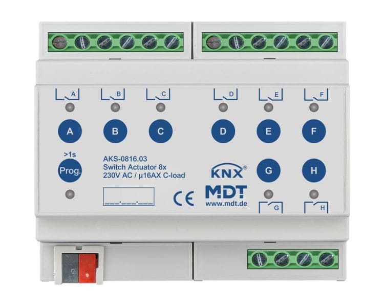 MDT - KNX Schaltaktor 8-fach, 6TE REG, 16 A, 230 V AC, C-Last, Standard, 140 µF
